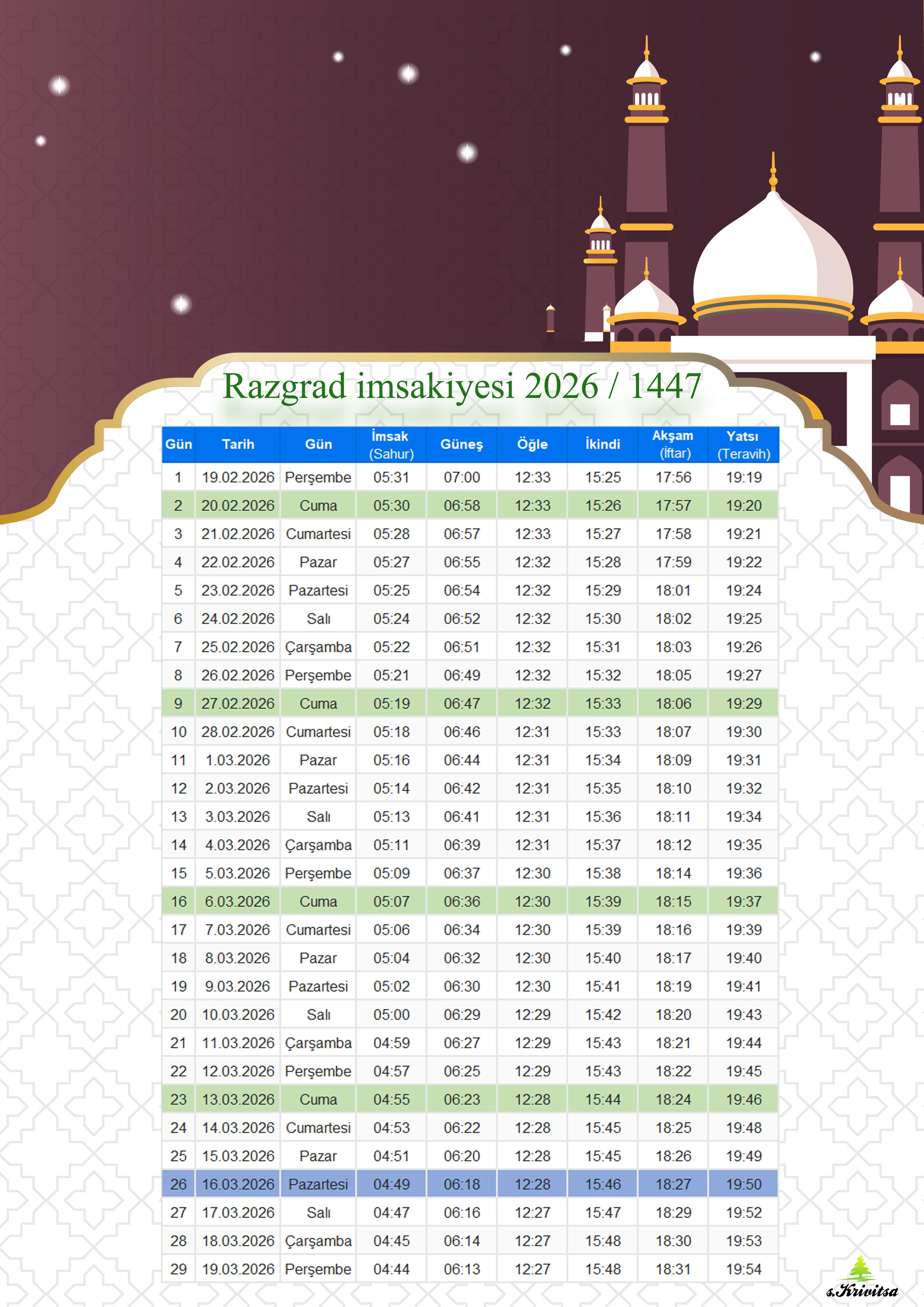 RAZGRAD RAMAZAN İMSAKİYESİ 2026 / 1447